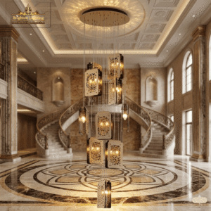 wms grand foyer inspiration: palatial stairs & modern art deco chandelier