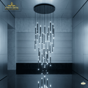 wms modern cascading led tube chandelier | black/chrome foyer pendant