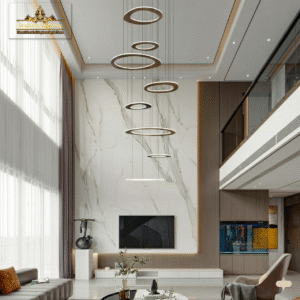 wms modern double height living room with cascading ring chandelier | marble & wood accent walls